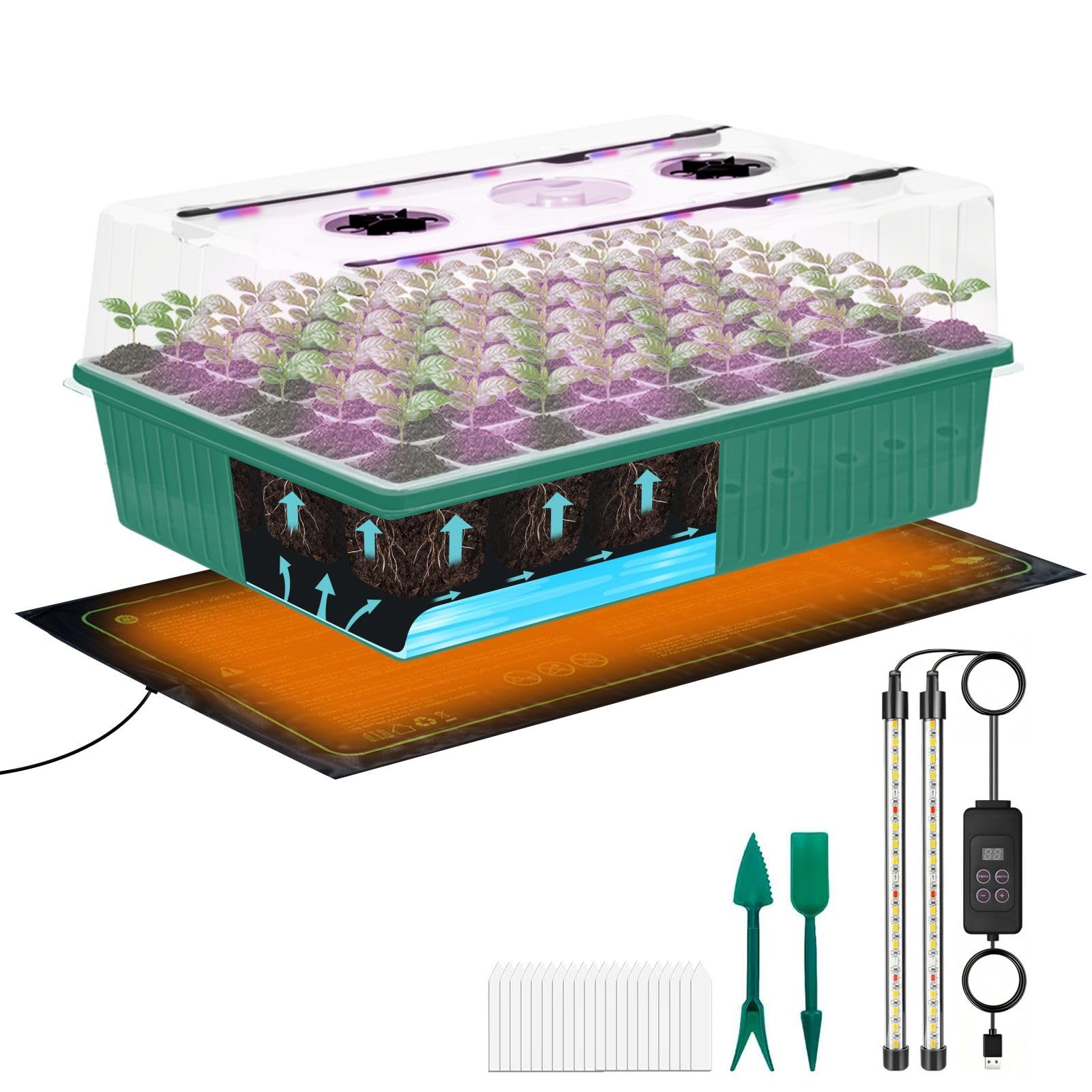 Plateau de démarrage de graines avec lampe de croissance et tapis chauffant de 60 cellules