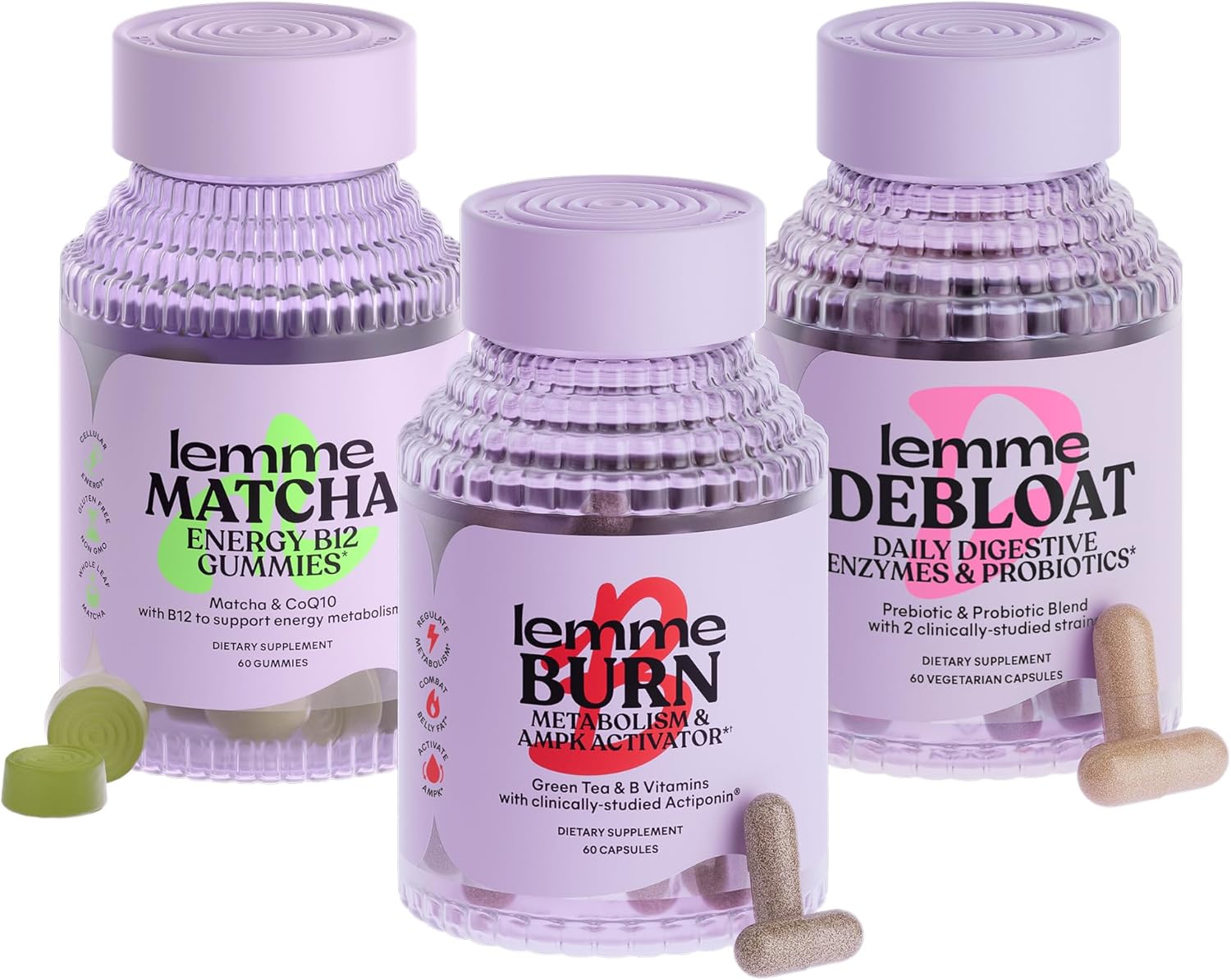 Lemme Burn, Debloat & Matcha Bundle - Metabolism & Fat Burning Capsules + Bloating & Gas Relief Capsules + Energy B12 Gummies - Gluten-Free, Non-GMO - 60 ct. ea
