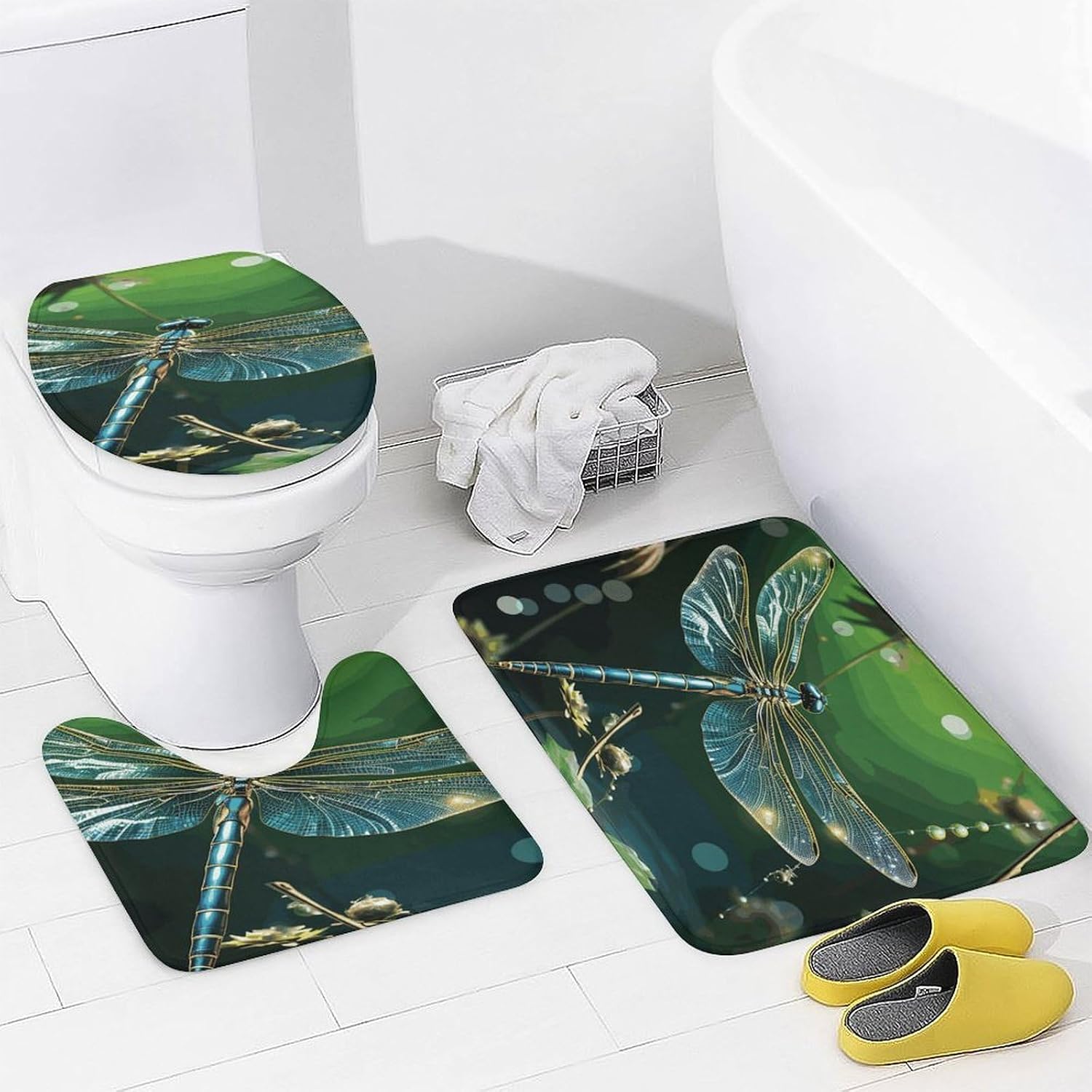 Dragonfly Green 4Pcs Shower Curtain Set with Non-Slip Rugs, Toilet Lid Cover and Bath Mat,Bathroom Set Decor Accessories,Curtain Set with 12 Hooks, 72 X 72 Inch