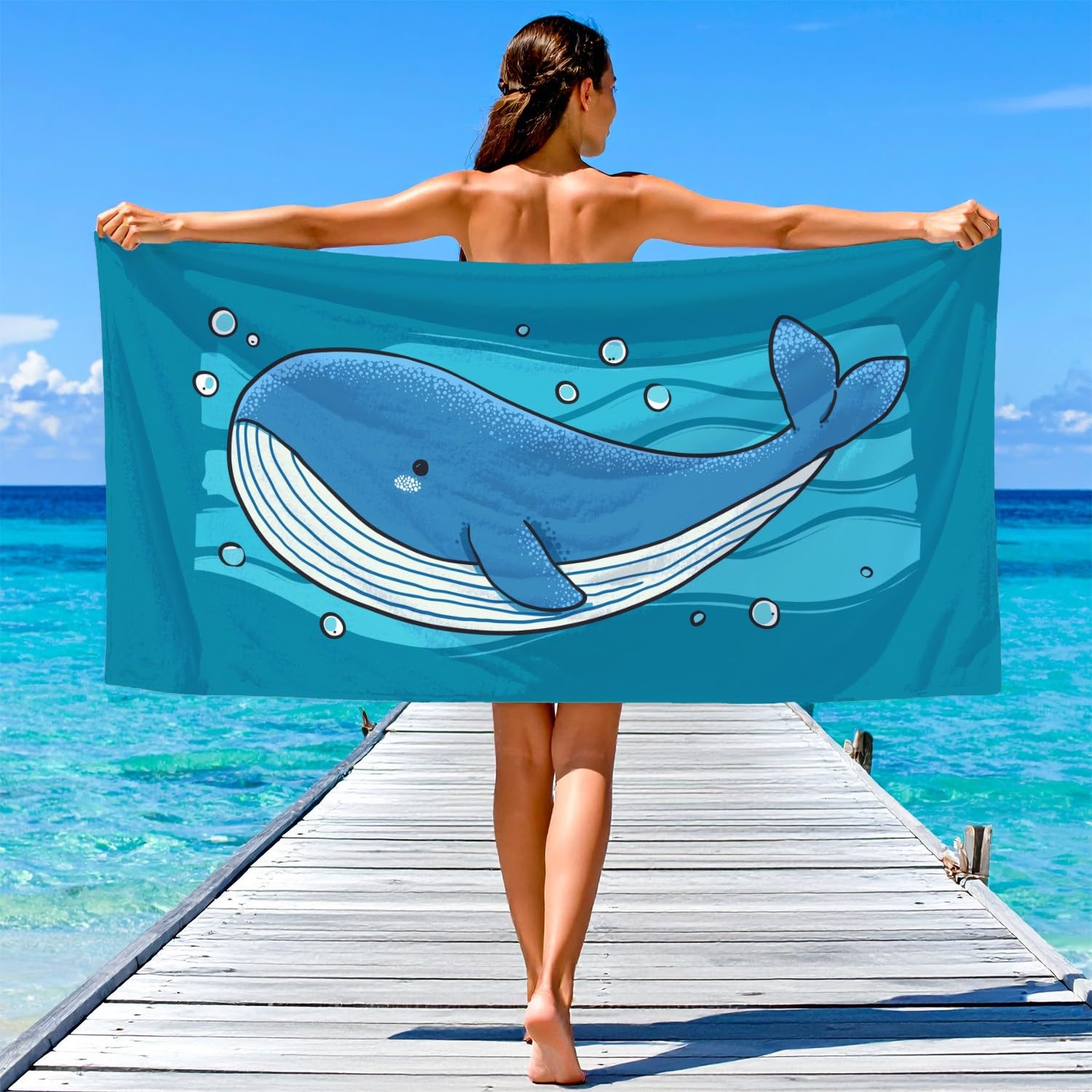 Retro, interessant Strandtuch 230 x 210 cm - Strandtuch trandtuch Leichtdünn Weich Strandtuch Cartoon, Blauwale, Wasserströmungen,für Strand, Pool, Yoga, Picknick