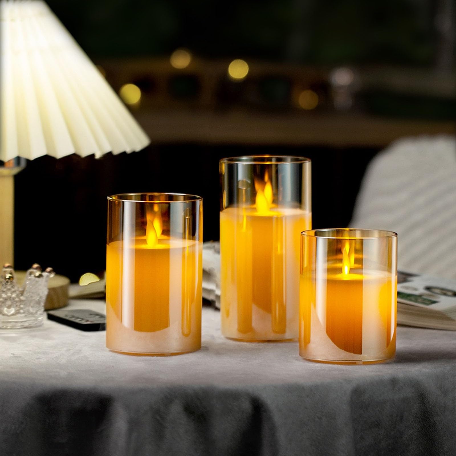 Candela senza fiamma in vetro ricaricabile con timer, telecomando, candela a colonna a LED, paraffina pura, set da 3 (Color : Amber)