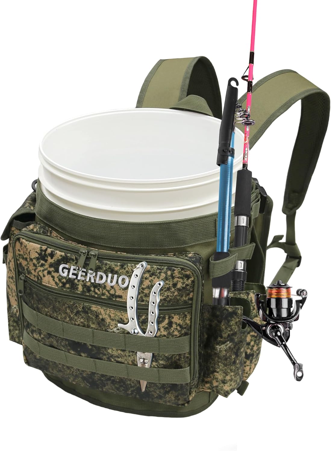 Fishing Bucket Backpack with Rod & Plier Holder and Pockets for Fishing, Hunting, Apple Picking for 5 Gallon Bucket (Camo)