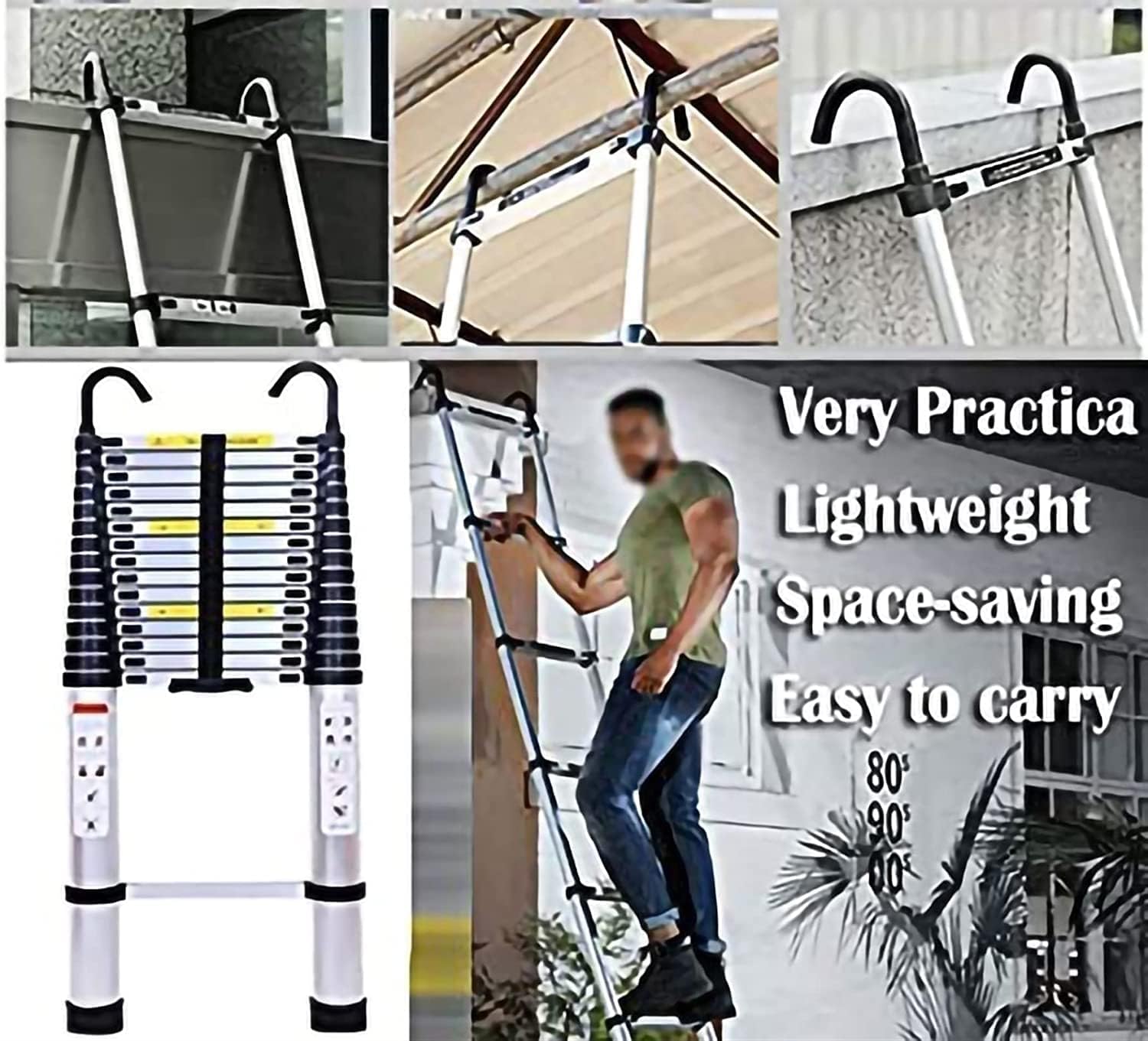 Telescoping Ladder w/Hook 7m/6m/5m/3m/2m/1m Straight Portable Extension Extendable Ladder 300lbs Capacity for Roof Rv Outdoor and Indoor