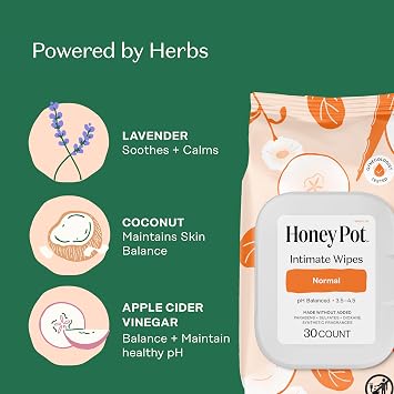 The Honey Pot Company - Feminine Hygiene Wipes - Normal - pH Balancing, Herbal Infused Plant-Based Feminine Care for Sensitive Skin - Cleansing Wipes for Women - 30ct