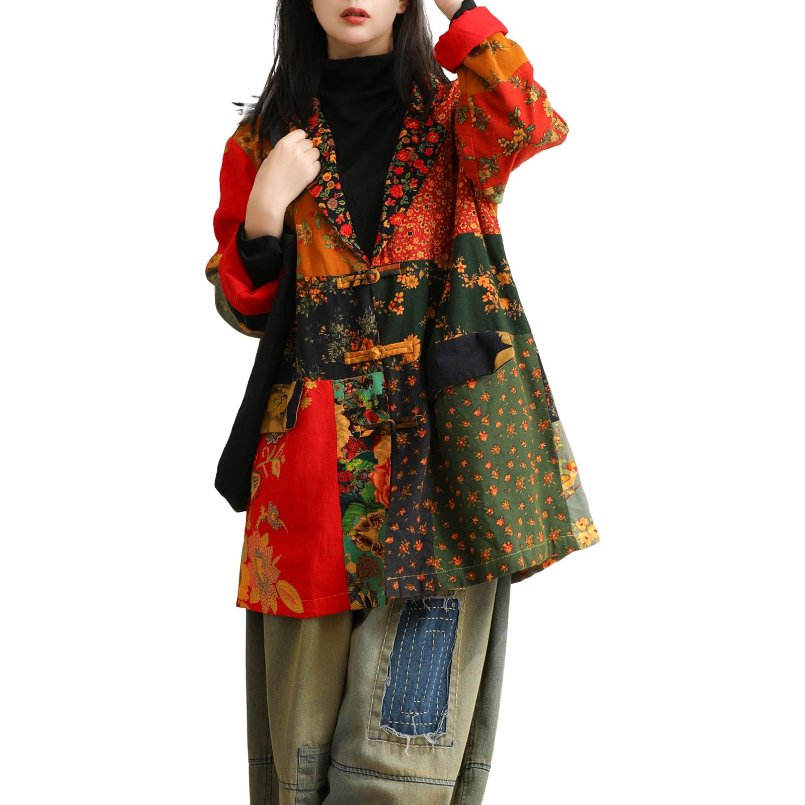 LZJN Womens Fall Cotton Linen Floral Print Blazer Jackets Long Sleeve Lapel Pockets Loose Fit Work Casual Outerwear