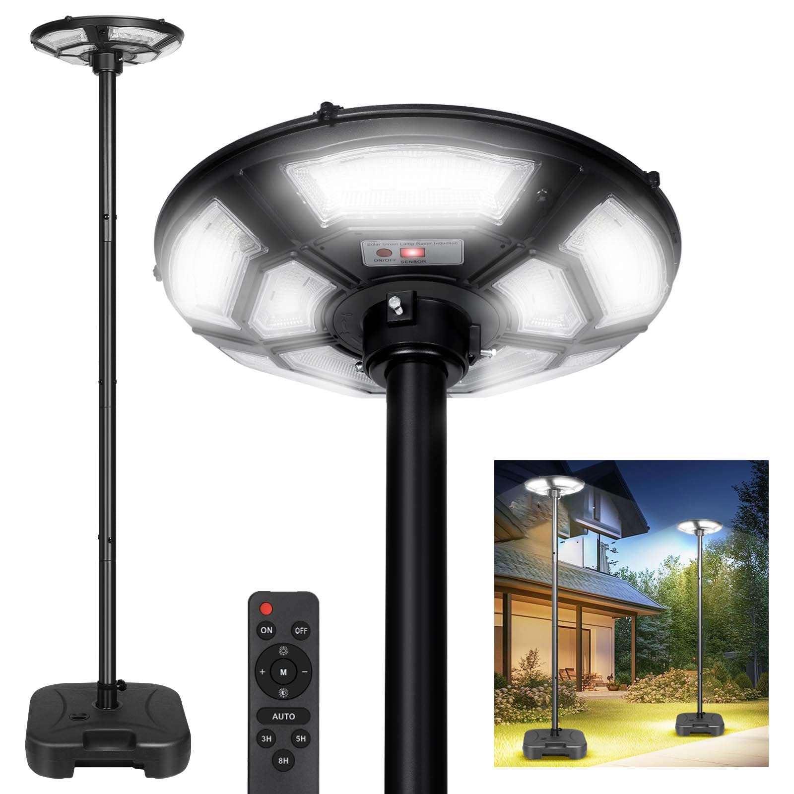 Lampada da strada solare per esterni, 750 SMD2835, 6500 K, IP67, impermeabile, con sensore di movimento, per cortile, garage, parcheggio, con base riempibile d'acqua