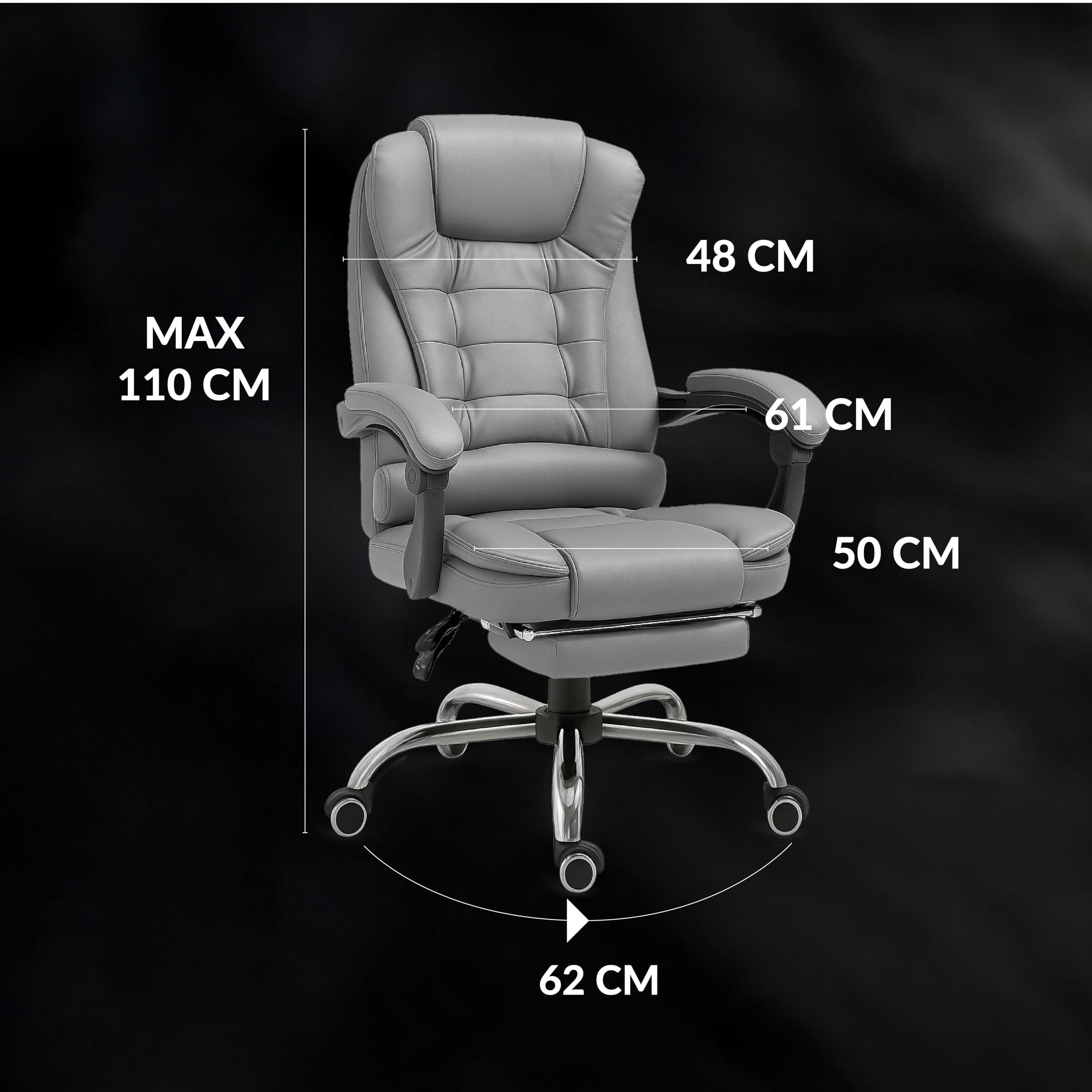 RMF Fauteuil de Bureau Ergonomique Inclinable avec Repose-Pieds, Chaise de Bureau Confortable avec Roulettes Pivotantes et Hauteur Réglable Gris