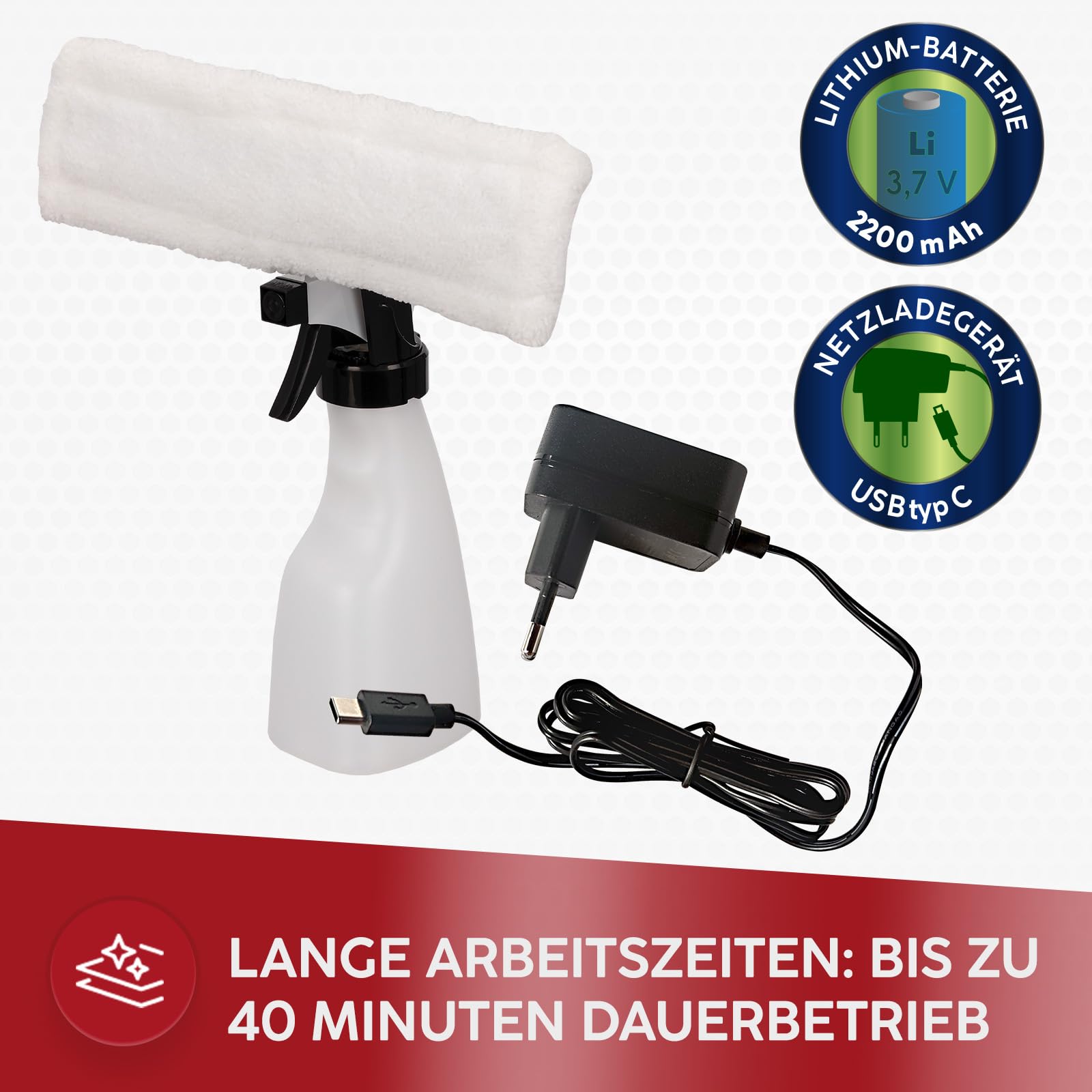 MPM Aspirateur de fenêtre MDS-01 - Aspirateur de fenêtre qui aspire automatiquement l'eau - Sans traces ni taches d'eau - 40 minutes d'autonomie avec une charge