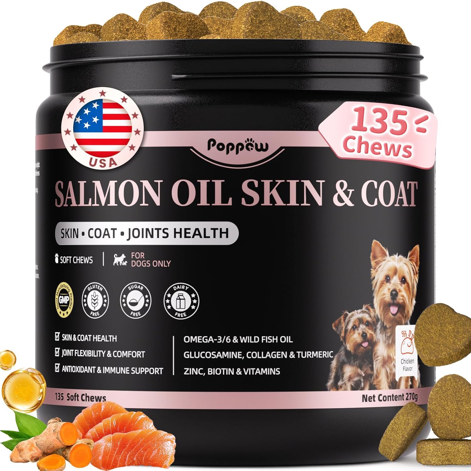 Salmon Oil for Dogs Skin & Coat, 13 in 1 Wild Alaskan Fish Oil for Dogs – Omega 3 EPA & DHA & ALA Fatty Acids, Dog Allergy Relief Chews, Joint & Immune Support, 135 Count, Chicken Flavor, Soft Chews