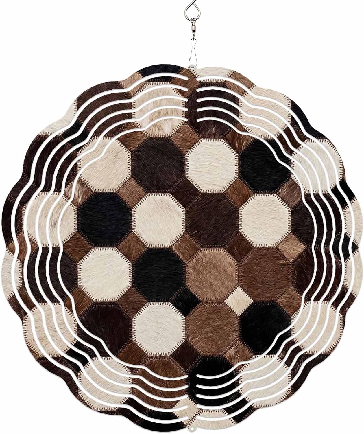 Round Patchwork Wind Spinner for Garden Yard 12In, Western Ethnic Abstract Black Brown White Fur Style 3D Stainless Steel Kinetic Hanging Wind Spinners Rustproof Outdoor Decor for Lawn Patio Home