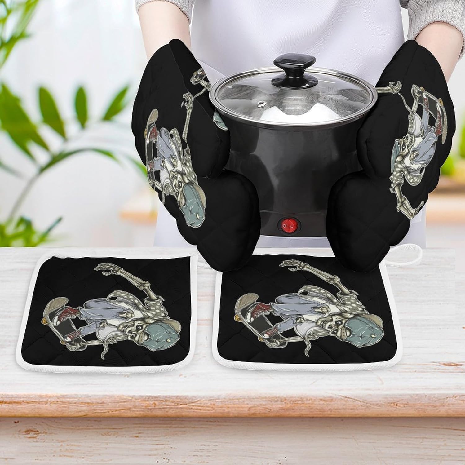 Skull Skateboard Oven Mitts and Pot Holders 4Pcs Set Heat Resistant Cooking Mitts Hot Pads