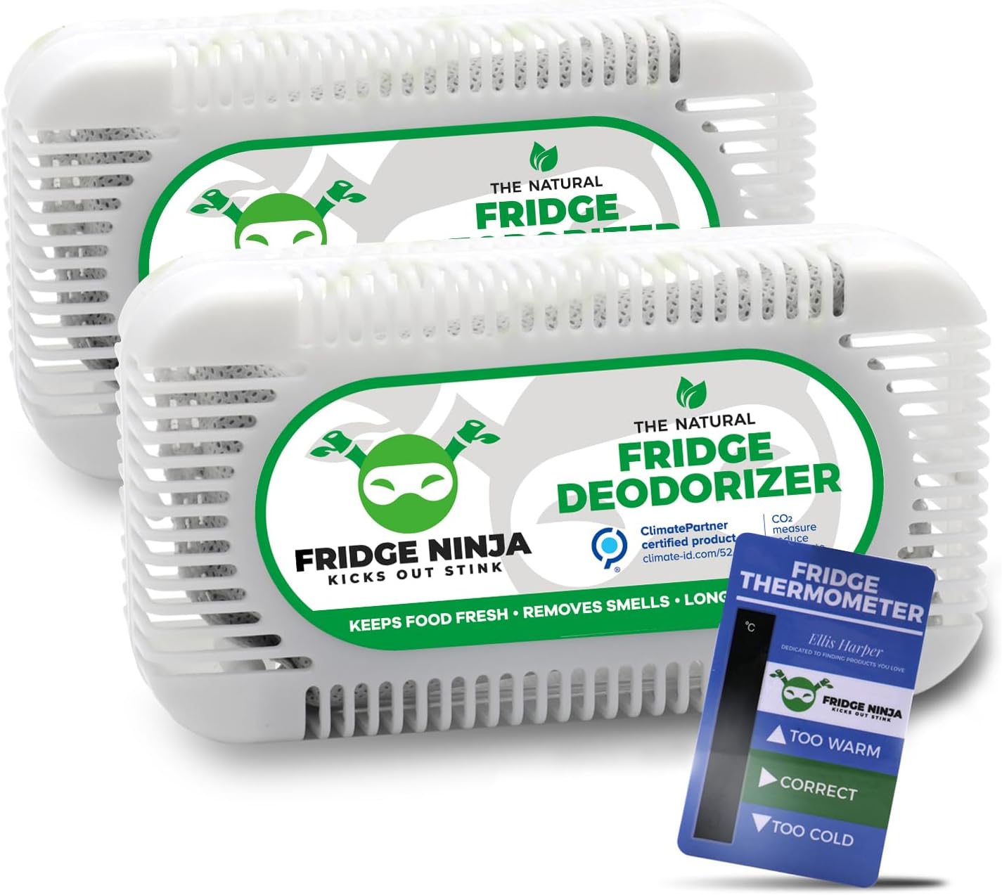 Fridge Ninja Fridge Deodoriser and Freshener - Natural & Unscented Activated Charcoal, Lasts Up to 12 Months, Odour Eliminator, Smell Remover & Scent Absorber, Fridge Accessories for Freshness, 2 Pack