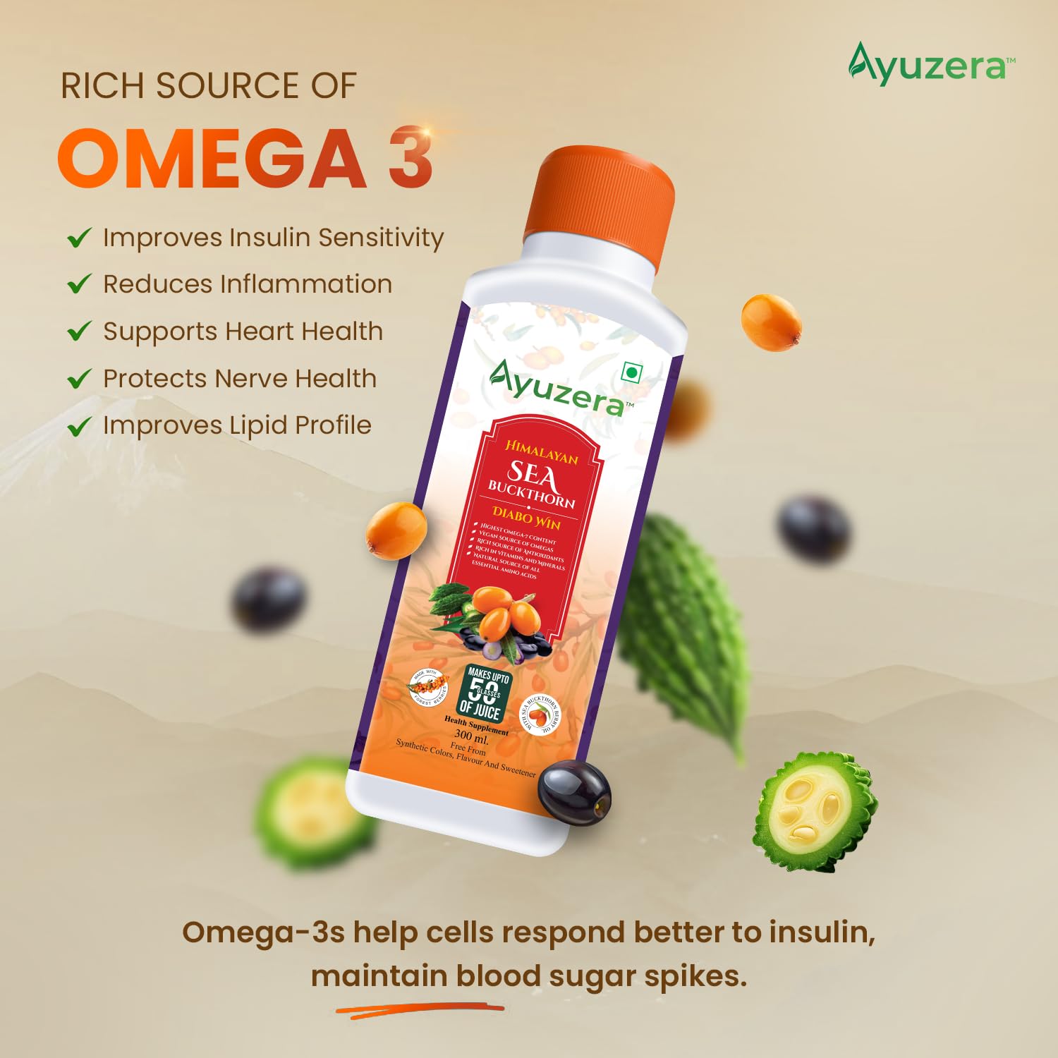 Ayuzera Diabowin Karela & Jamun Diabetic Care Ruce With Seabuckthorn 300ml | Chirta and Punanava | Ayurvedic | Makes 50 glass juice (300 ml, pack of 1) Ayuzera Diabowin Karela & Jamun Diabetic Care Ruce With Seabuckthorn 300ml | Chirta and Punanava | Ayurvedic | Makes 50 glass juice (300 ml, pack of 1)