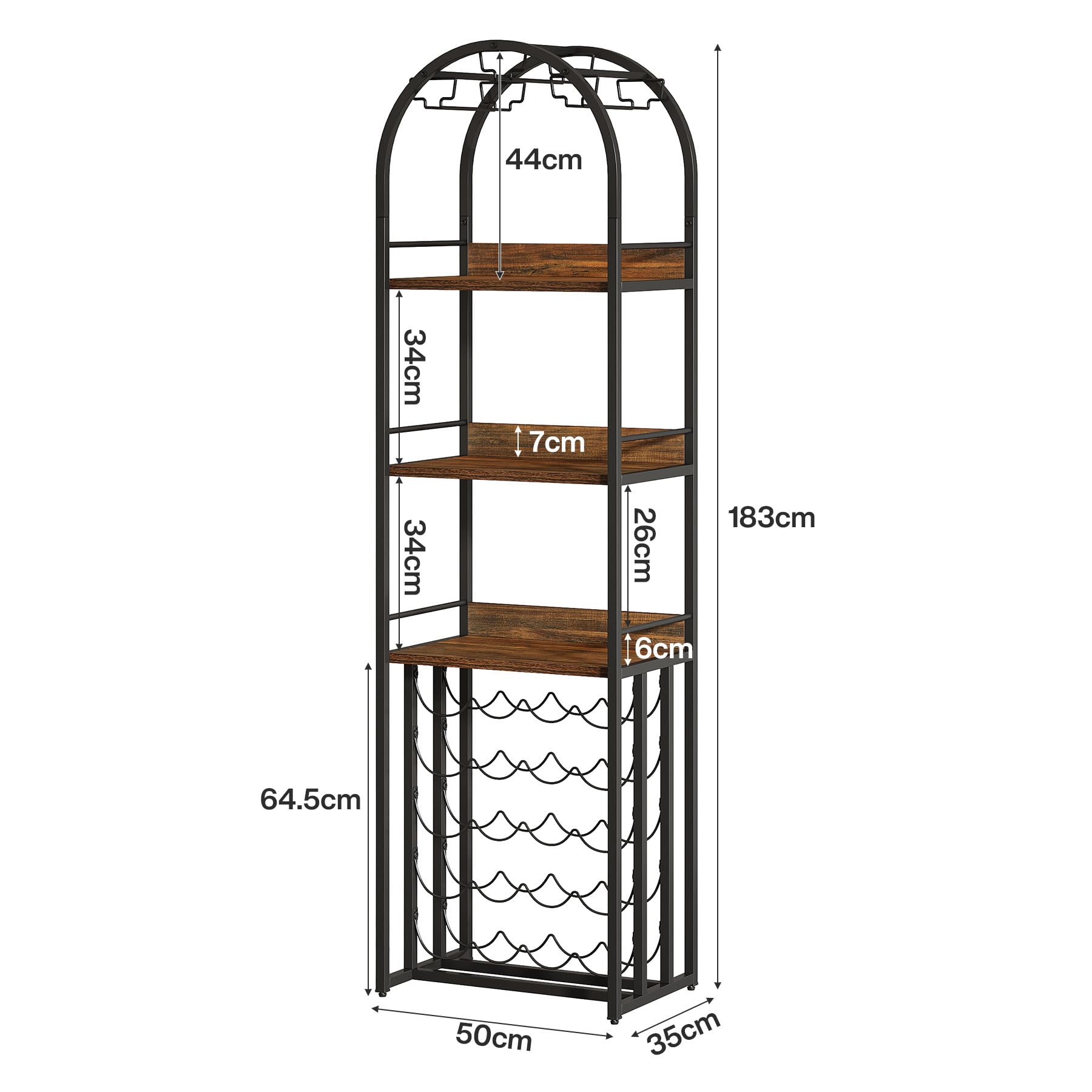 Tribesigns Porte-bouteilles en métal avec support en verre et rangement de vin pour cave, bar et espace de rangement, porte-bouteilles avec plateau de table, 50 x 35 x 180 cm, marron
