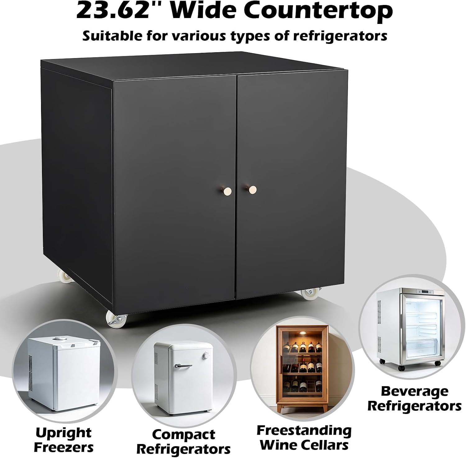 Fridge Cabinet Metal Large Fridge Stand with Storage Mobile Printer Stand on Wheels with Doors and Adjustable Shelf Rolling Printer Table Cart for Home Office Small Space (Black-23.62''H)