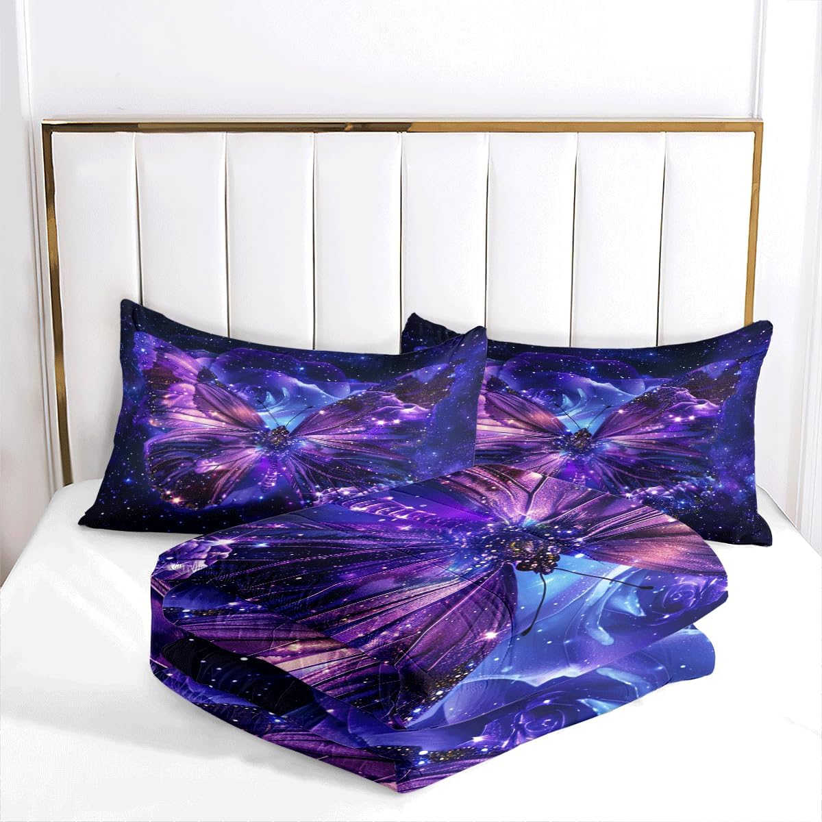 Comforter Set Twin Size Lightweight Kids Teens Adults Purple and Blue Soft Bedding Set 3 Pieces Butterfly Starry Sky Cosmic Microfiber Quilt Set