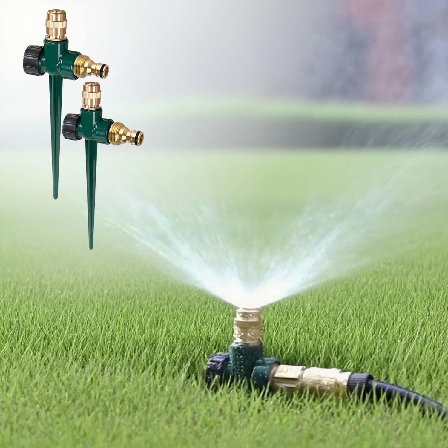 2 Pack Metal Lawn Sprinkler, Automatic Brass Sprinkler with Spike Base, 360 Degree Adjustable Sprinklers Nozzle, Large Area Coverage for Lawn Grass Patio Garden Irrigation