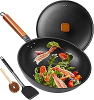 Bretor 13" Carbon Steel Nonstick Wok Pan with Lid, Spatula & Brush - Flat Bottom for Induction, Electric & Gas Stoves