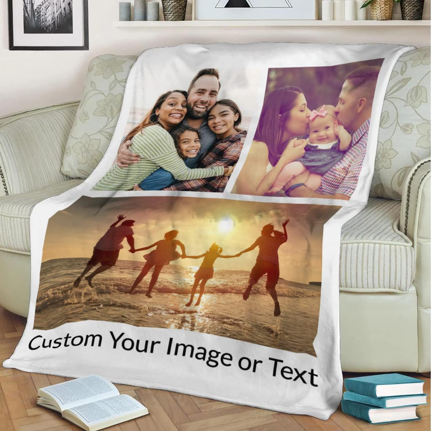 iBedding Custom Blanket - Personalized Blankets with Photos and Text Customized Picture Throw for Adult Kids Birthday Fathers Mothers Valentines Day Christmas (50"x60", 3 Photos Collage)