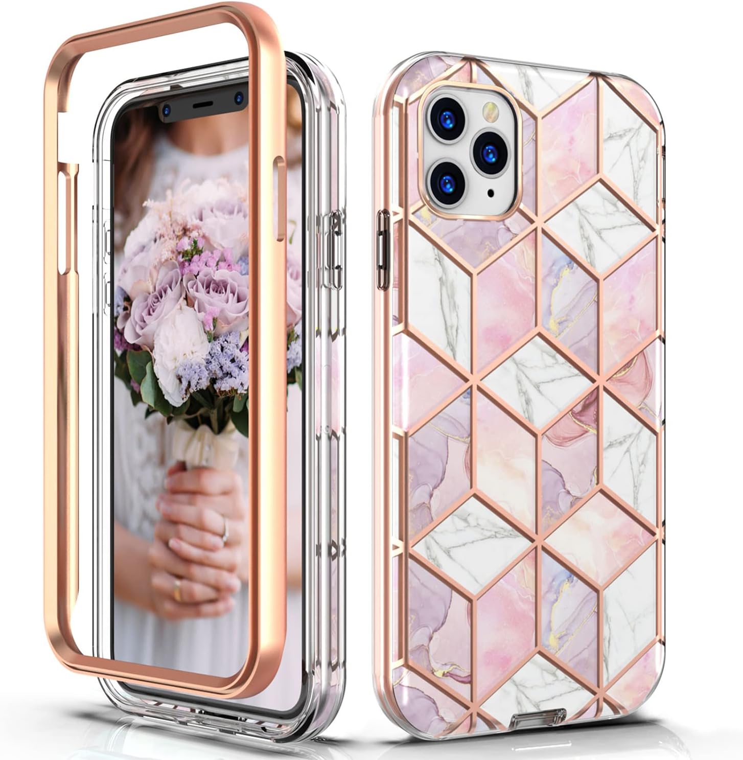 Hasaky Case for Apple iPhone 11 Pro Max Case 6.5 Inch,Dual Layer Hybrid Bumper Rose Gold Marble Design Soft TPU+Hard Back Heavy Duty Anti-Scratch Shockproof Protective Phone Case -Pink/Rose Gold.