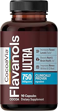 CocoaVia Ultra 750mg Cocoa Flavanols Heart & Brain Support, Memory & Blood Circulation Booster, High Flavanol Cocoa for Nitric Oxide, Energy & Oxygen Boost, Vegan, Gluten-Free, 30-Day Supply