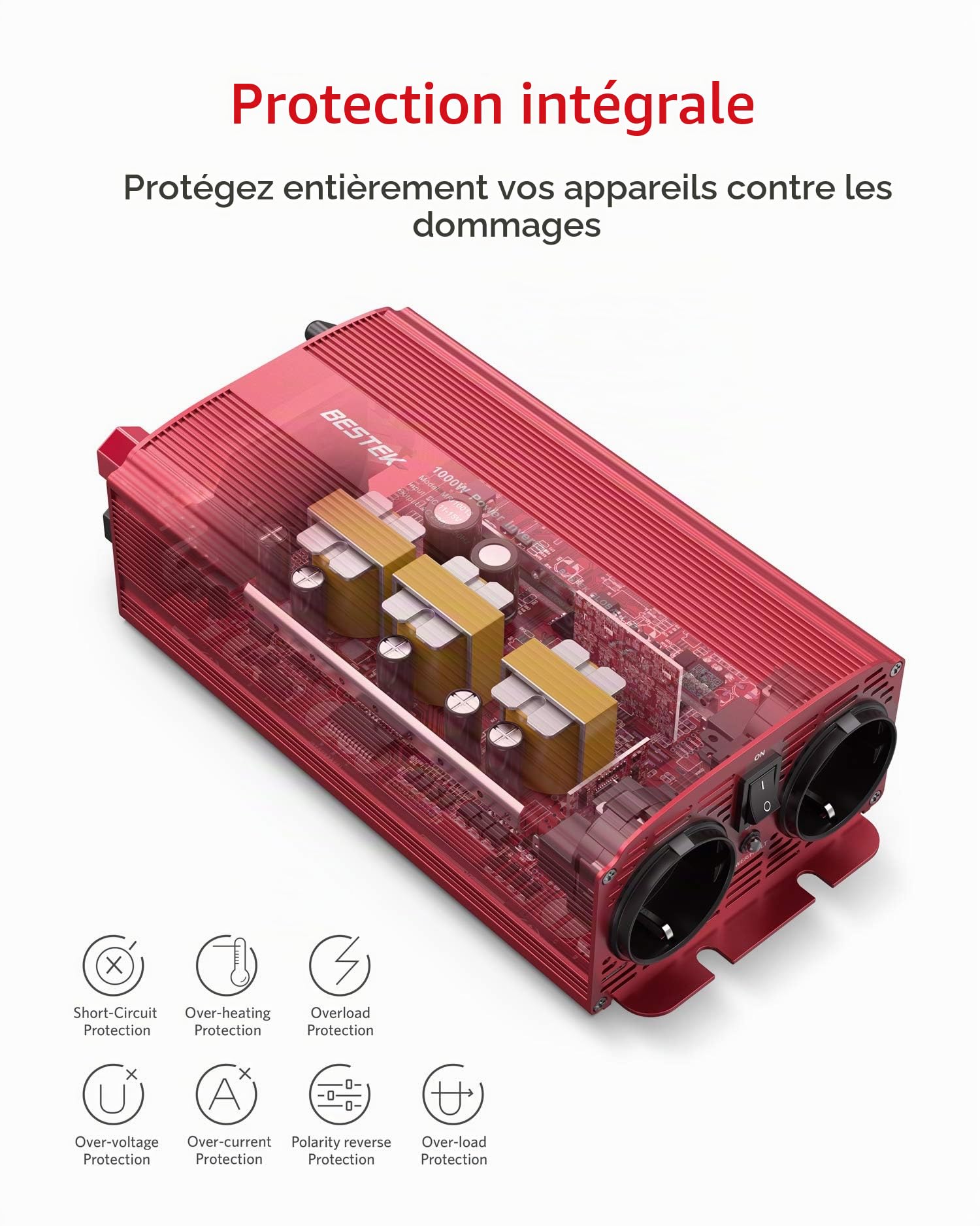BESTEK 1000W Convertisseur 12V 220V 230V Camping Car Prise Européenne Sinus Modifié avec Pinces Onduleur 12v 220v pour Voiture Camion Bateau