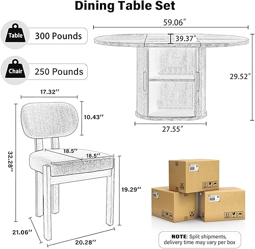 Miniatura 3 de Juego de mesa de comedor retro grande para 4, moderno juego de mesa de cocina ovalada con 4 sillas tapizadas, mesa de MDF sólida con estante de