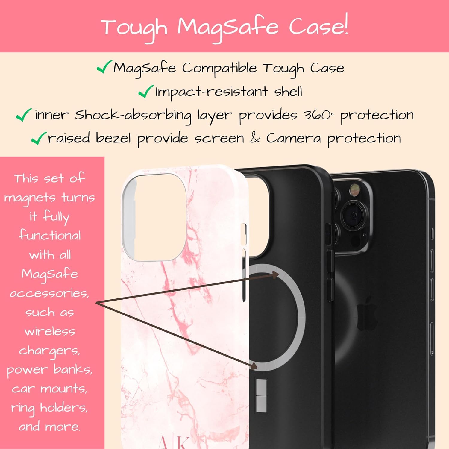 Custom Monogram Initials Pink Marble Case, MagSafe Compatible Magnetic Personalized Name Case, Compatible with iPhone 17 Air, 16 Pro Max, 15 Plus, 14, 13 Mini, 12, 11, X/XS Max, XR, 7/8
