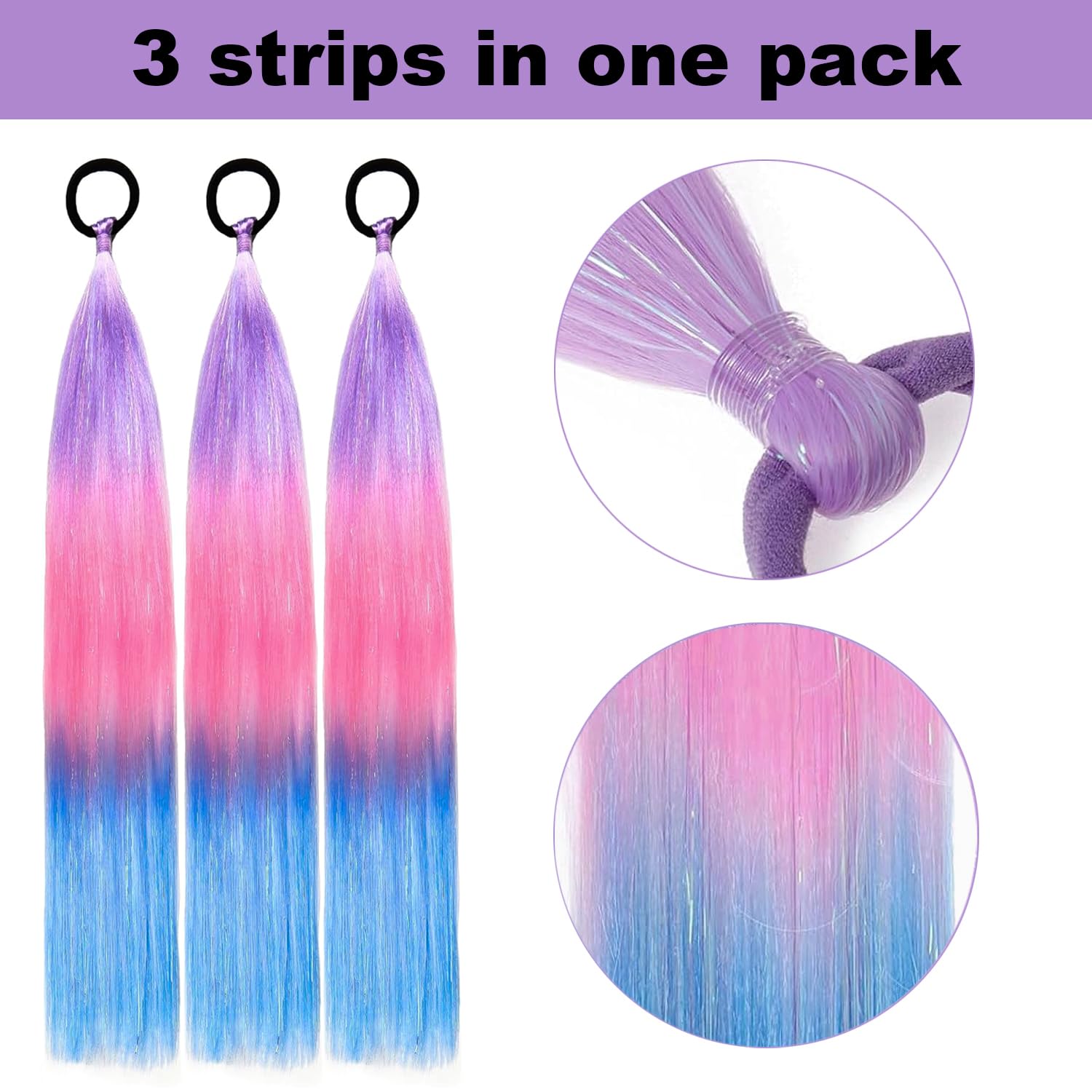 PORSMEER 3 Pack 24 Inch Hair Tinsel Colored Braided Ponytail Extension Gradient Hair Extensions with Elastic Tie Straight Sleek Wrap Around Hair for Braids (Light purple/Pink/Blue) - Image 2