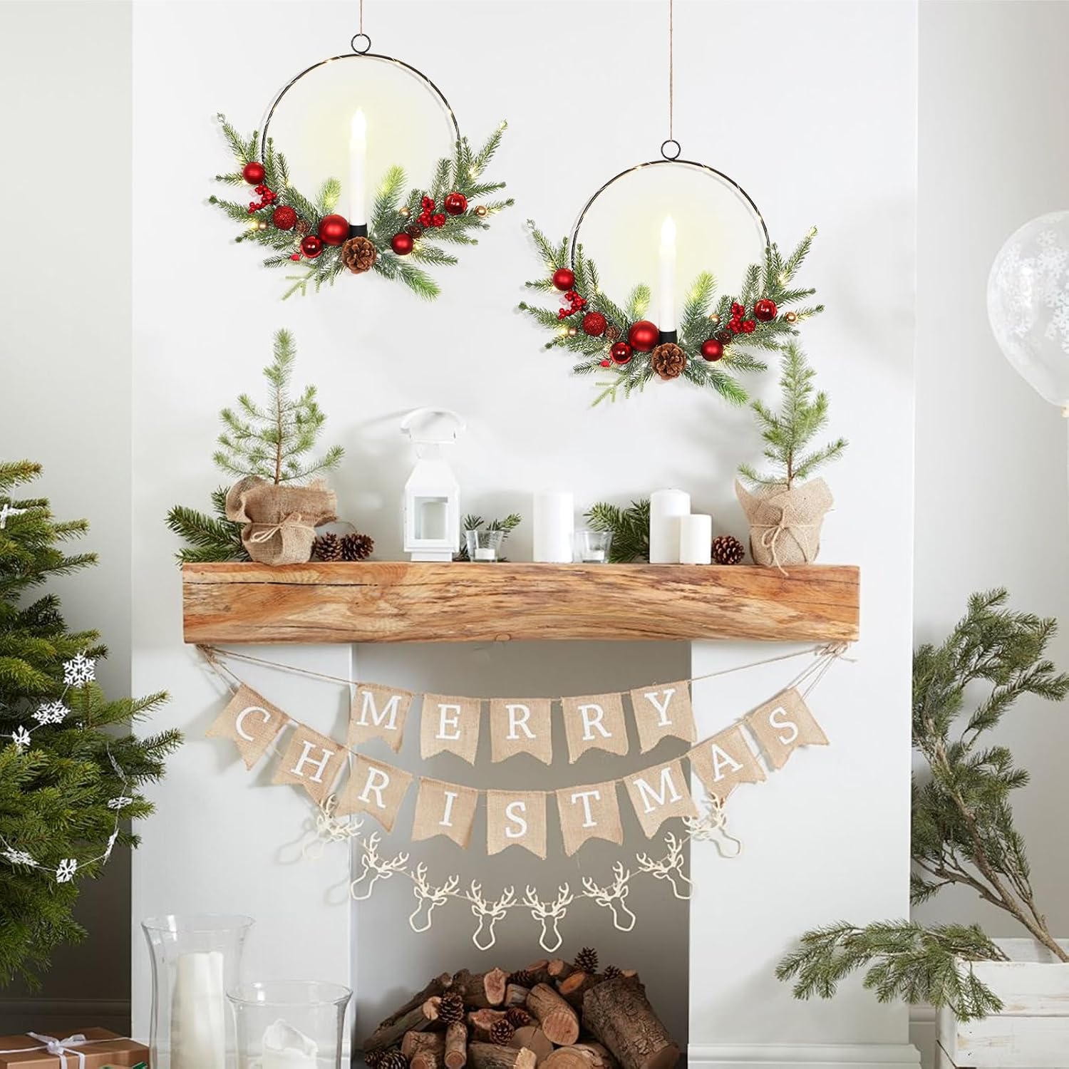 Christmas Wreaths,2Pcak 16 Inch Christmas Door Wreaths with LED Taper Candles,Window Candles Battery Operated Christmas Wreath for Front Door Window Holiday Christmas Decor