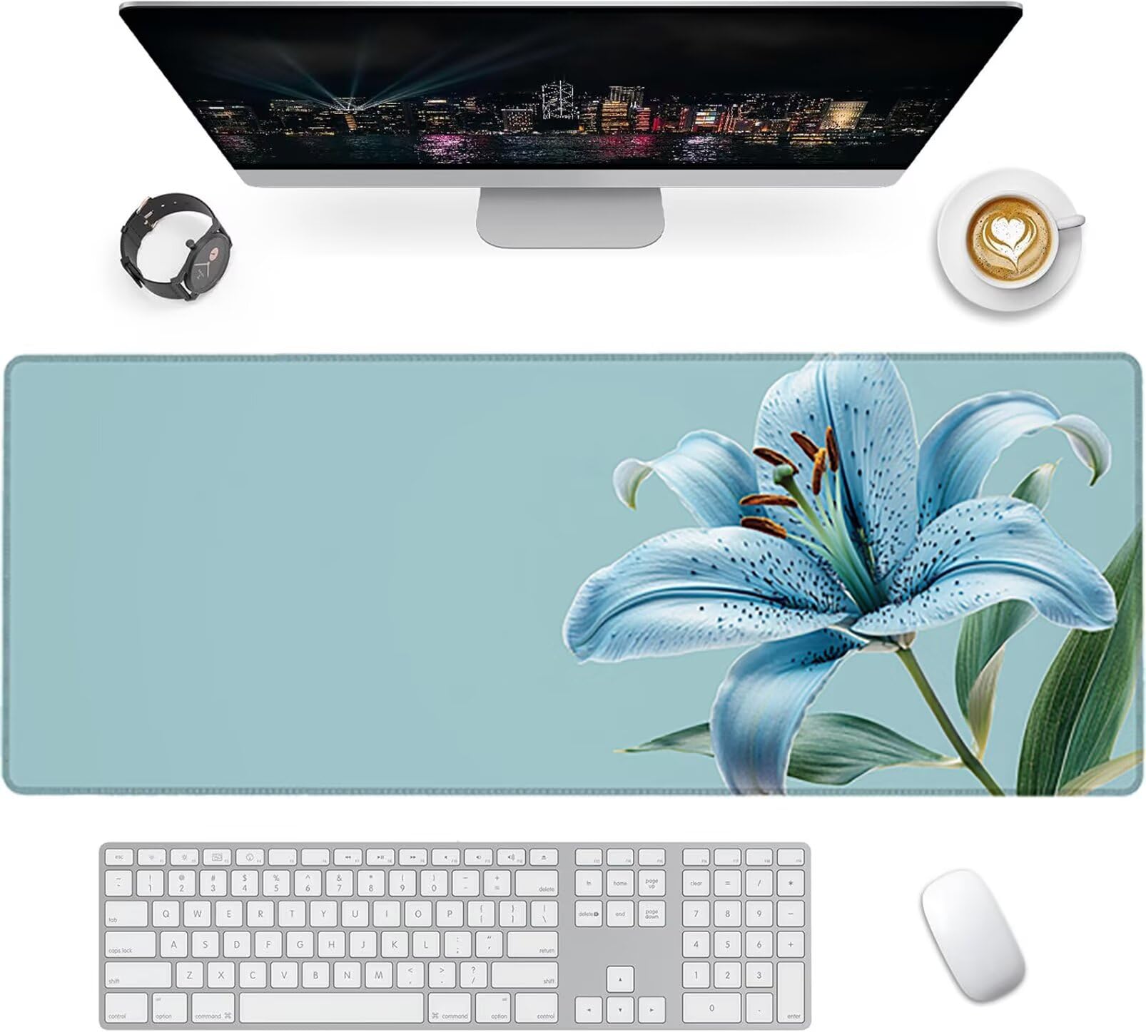 Lpfieonn Blume Großes Schreibtischunterlage, XXL Schreibtischunterlagen, Blau XXL Wasserdicht Gaming Mousepad mit Vernähter Rand und Rutschfeste Gummibasis, für Laptop/Hause/Büro 120x60cm PF-1813