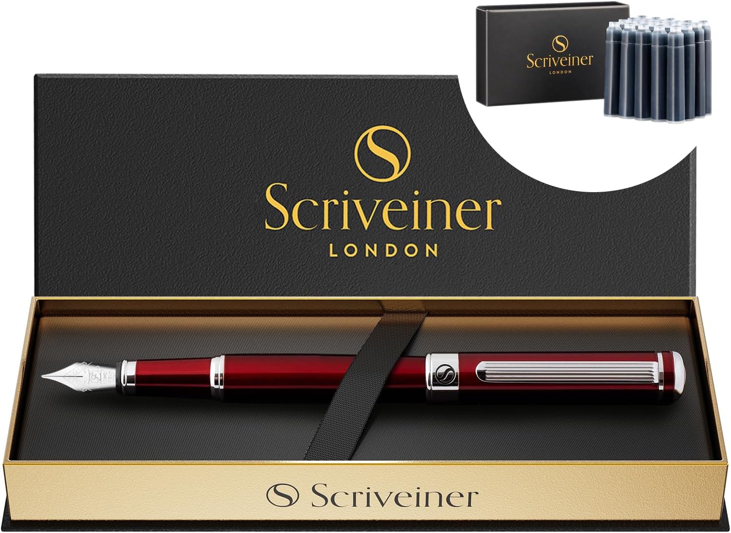 Scriveiner Deep Crimson Red Fountain Pen - Stunning Luxury Pen with Chrome Finish, Schmidt Nib (Fine), Bundle with Fountain Pen Ink Cartridges - Blue - 20 Standard International, Made in UK