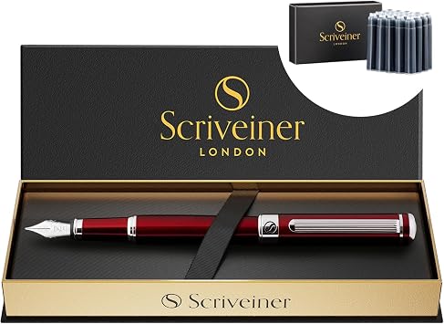 Scriveiner Deep Crimson Red Fountain Pen - Stunning Luxury Pen with Chrome Finish, Schmidt Nib Fine, Bundle with Fountain Pen Ink Cartridges - Blue - 20 Standard International, Made in UK