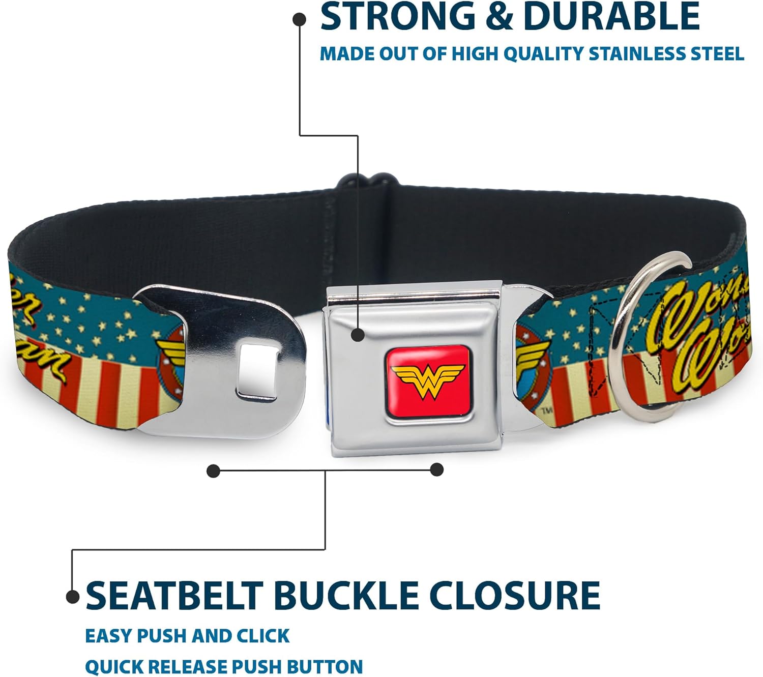 Buckle-Down Dog Collar Seatbelt Buckle Wonder Woman Logo Americana Red White Blue Yellow 16 to 23 Inches 1.5 Inch Wide (DC-WWW022-WM)