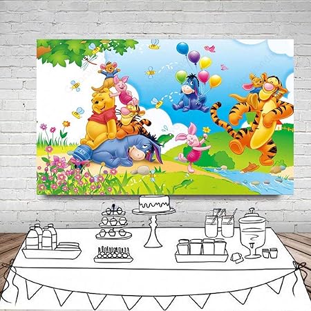 Amazon Co Jp クマのプーさんのテーマパーティーの写真の背景の漫画の春の川岸のカラフルなバルーンの子供の誕生日の装飾の背景 家電 カメラ