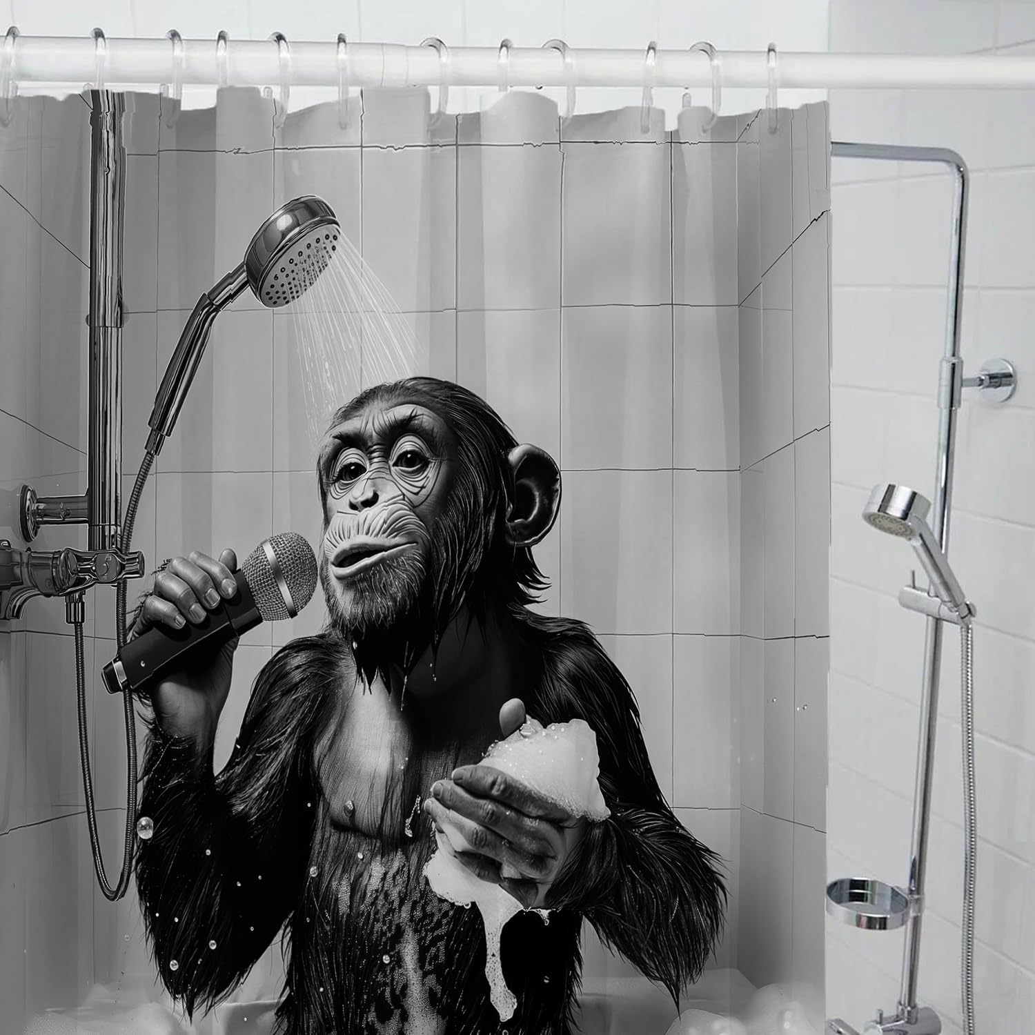 Funny Shower Curtain, Black Grey Animal Monkey Chimpanzee Singing in Bathtub Mens Kids Boy Shower Curtains Bathroom Set, Modern Cool Waterproof Bath Decoration Accessories Home Decor 70X70in image 4