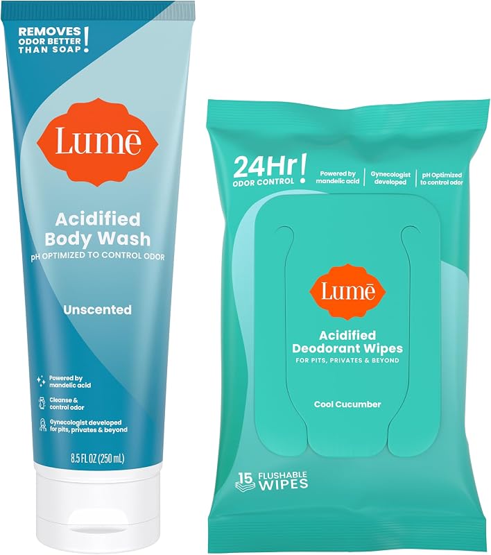 Lume Body Wash & Deodorant Wipes - 8.5oz (Unscented) 15ct (Cool Cucumber) | 24-Hour Odor Control, Paraben & SLS Free, Hydrating, Flushable Whole-Body Deodorant Wipes