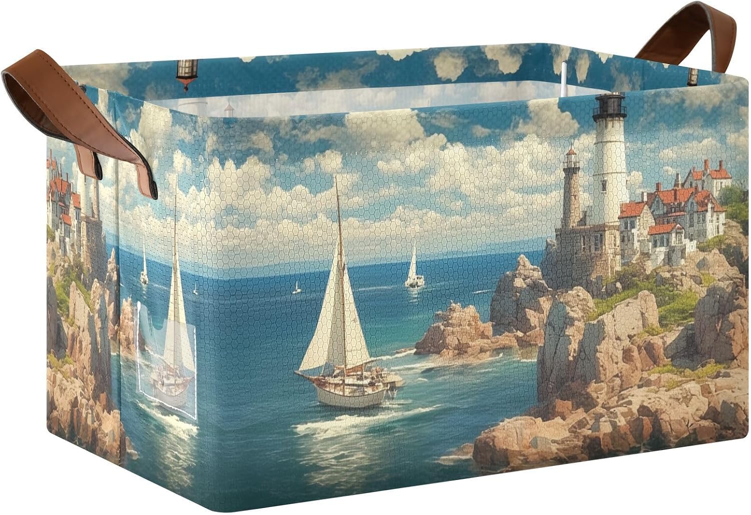 Lighthouse Rectangle Storage Basket Waterproof Foldable Kid Toy Box with Handles for Shelves Closet Office