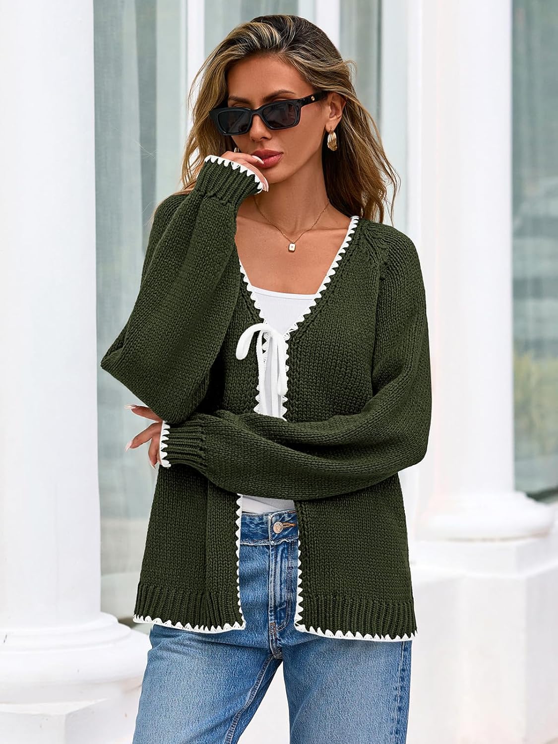 PRETTYGARDEN Womens Fall Cardigan Sweaters 2026 Long Sleeve Open Front Tie Knit Loose Cute Lightweight Sweater - Image 6