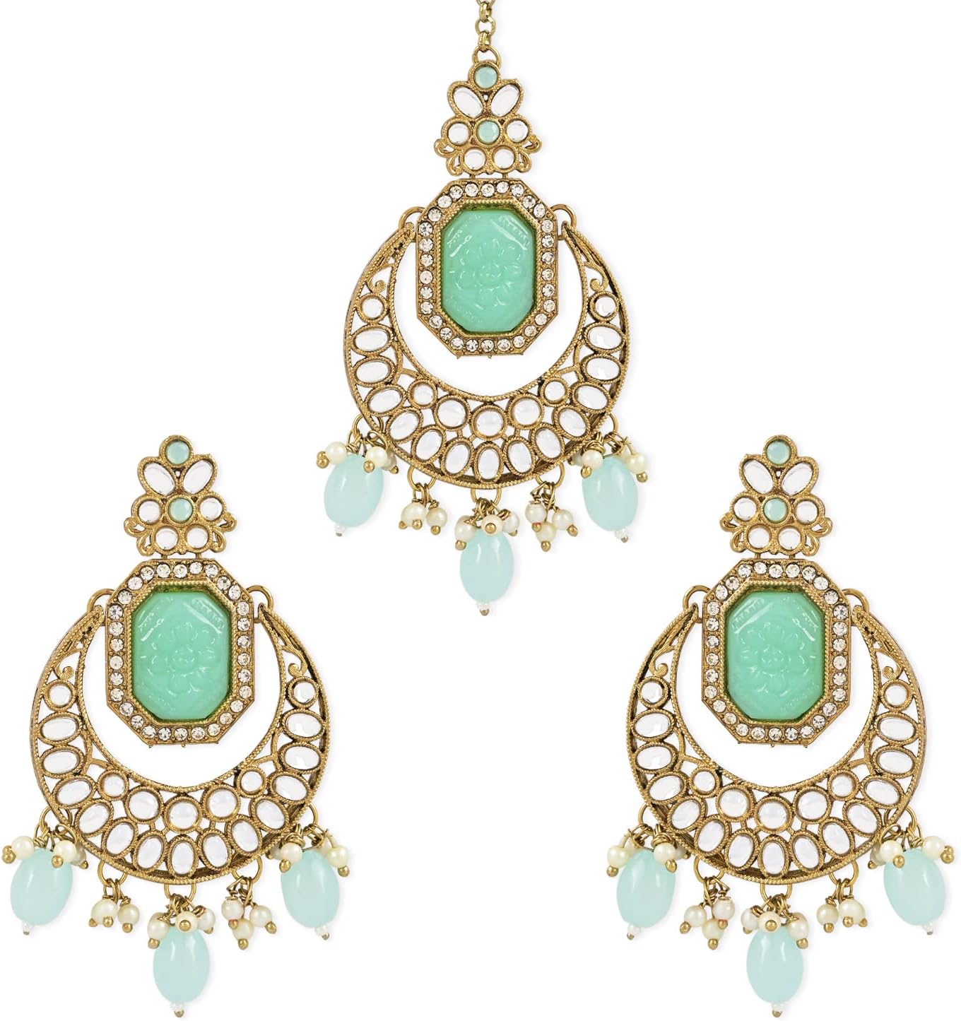 I Jewels Gold Plated Indain Wedding Bollywood Pearl Hanging Kundan Stone Studed Chandbali Earring With Maang Tikka For Women