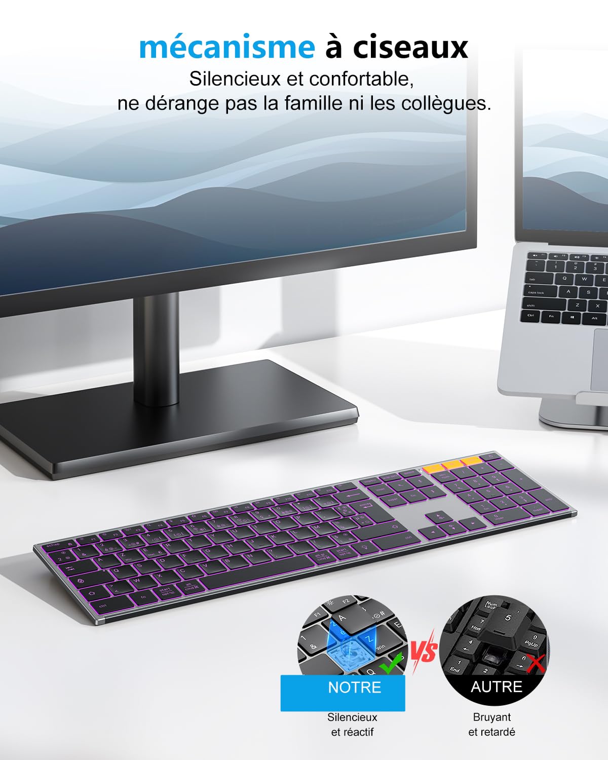 OMOTON Clavier sans Fil Métal, Bluetooth 2.4G Rétroéclairé Clavier, Rechargeable avec 2 Canaux Keyboard à Ciseaux AZERTY Français Ergonomique Silencieux pour PC/Mac/Windows (Noir)