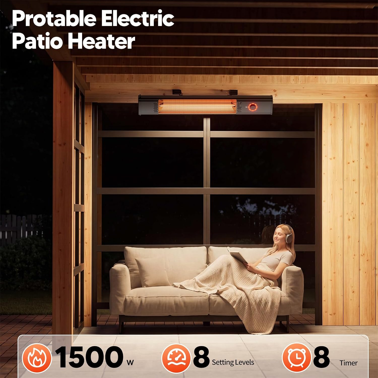 Outdoor Heater for Patio 1500W, 8H Timer, Waterproof, Infrared Electric Wall-Mounted Patio Heater, 8 Levels Heating for Garage Backyard Black image 4