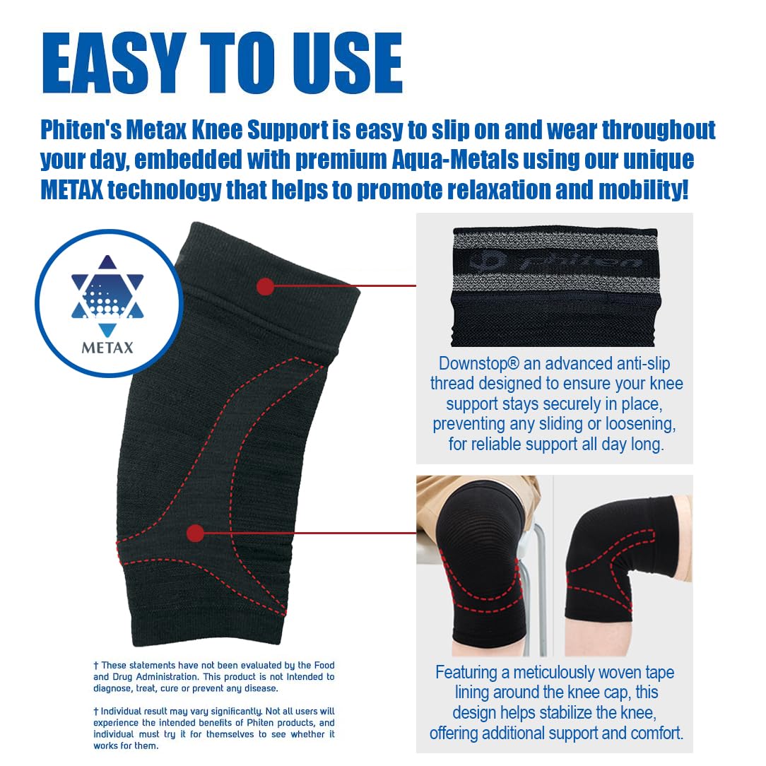 Phiten Metax Knee Support Sleeve Brace - Slip On, Temperature Control, Permeated with Premium Aqua-Metals for Relief, Mild Compression for Exercise, Workouts, Daily Wear (Large/X-Large, Black)