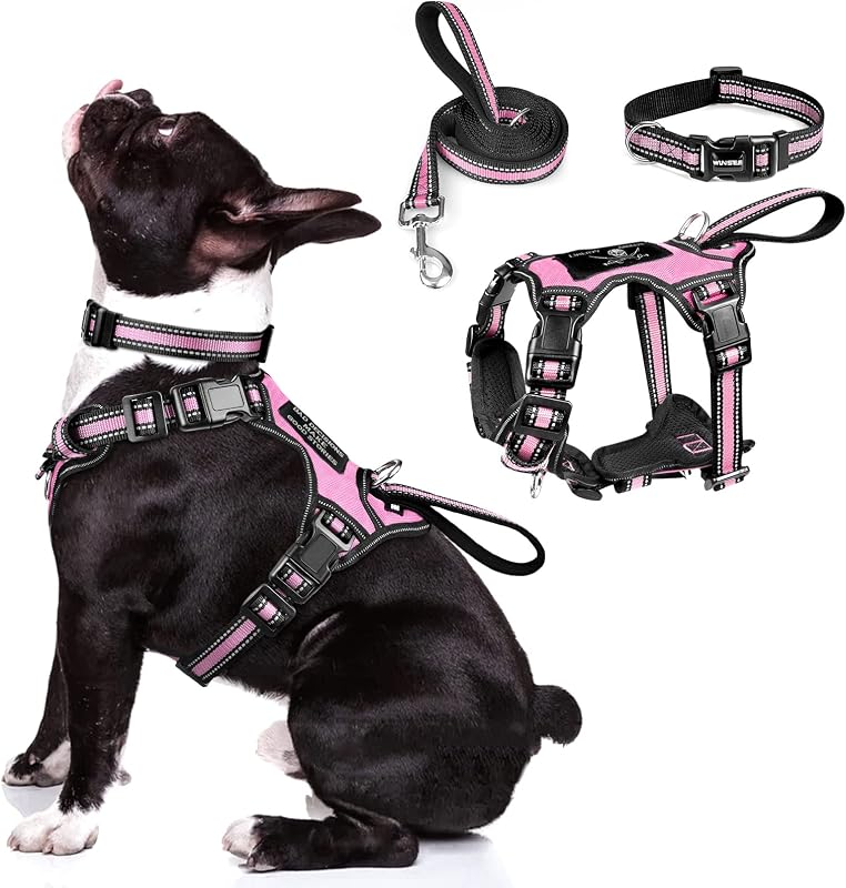 Peitoral Tipo Cabresto para Cães WINSEE com Coleira e Guia Refletivas, Ajustável e Antipuxão, Tamanho Médio, Rosa