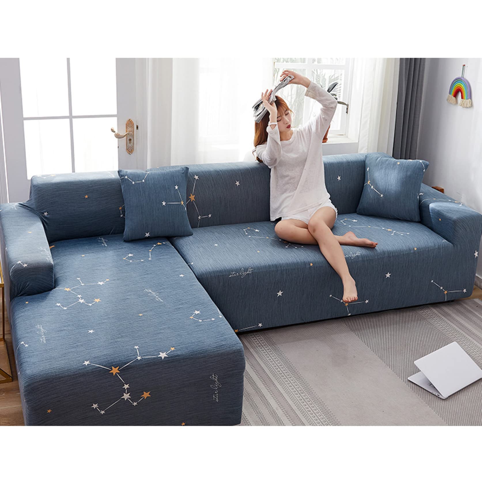 Amazon｜ソファーカバー 青B ストレッチ 3人掛け かけるだけ リーフ 花