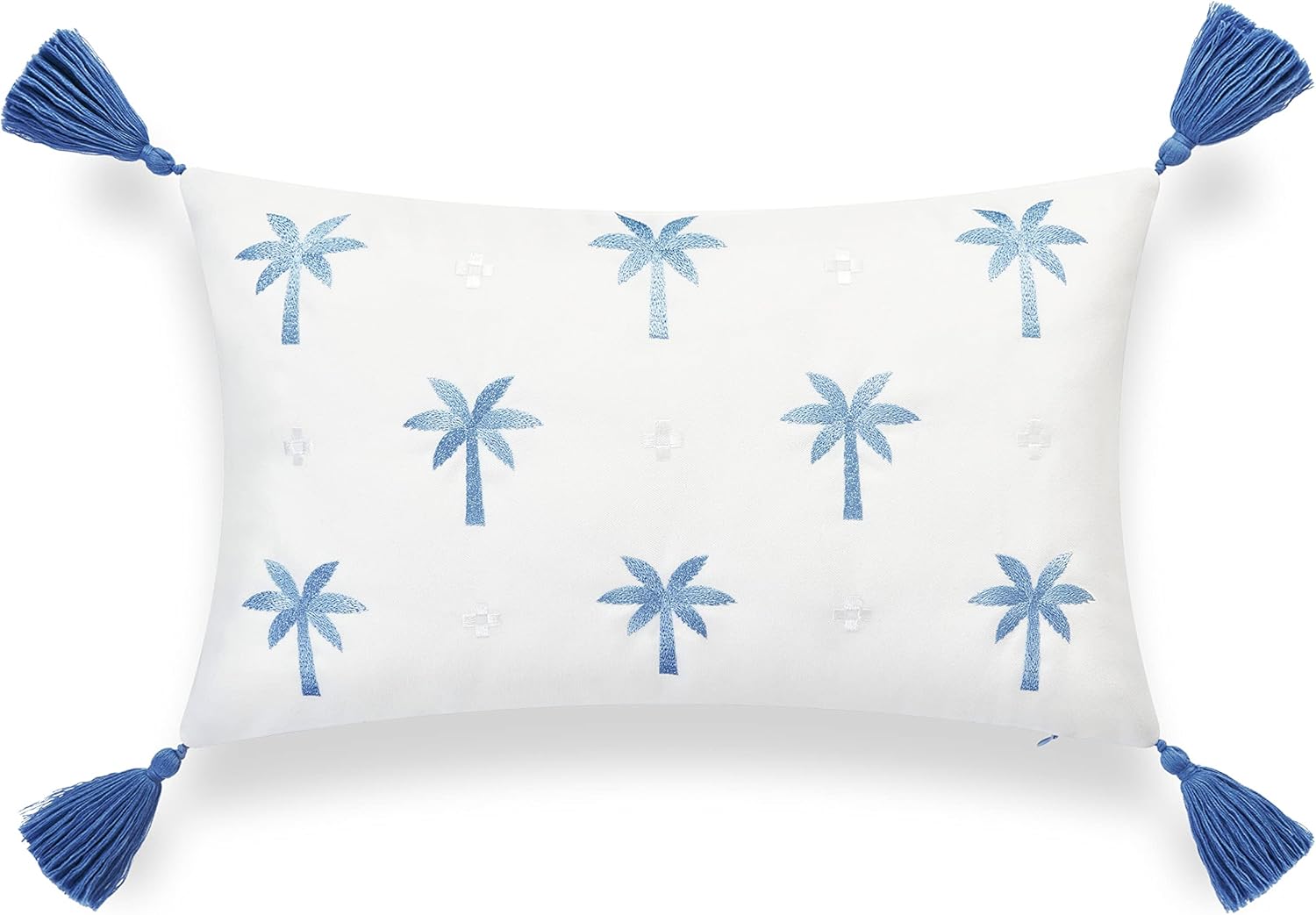 Hofdeco Premium Patio Indoor Outdoor Pillow, 12 x20 Coastal Pillow, Water Repellent Pillow for Backyard, Couch, Baby Blue Embroidered Palm Tree Tassel