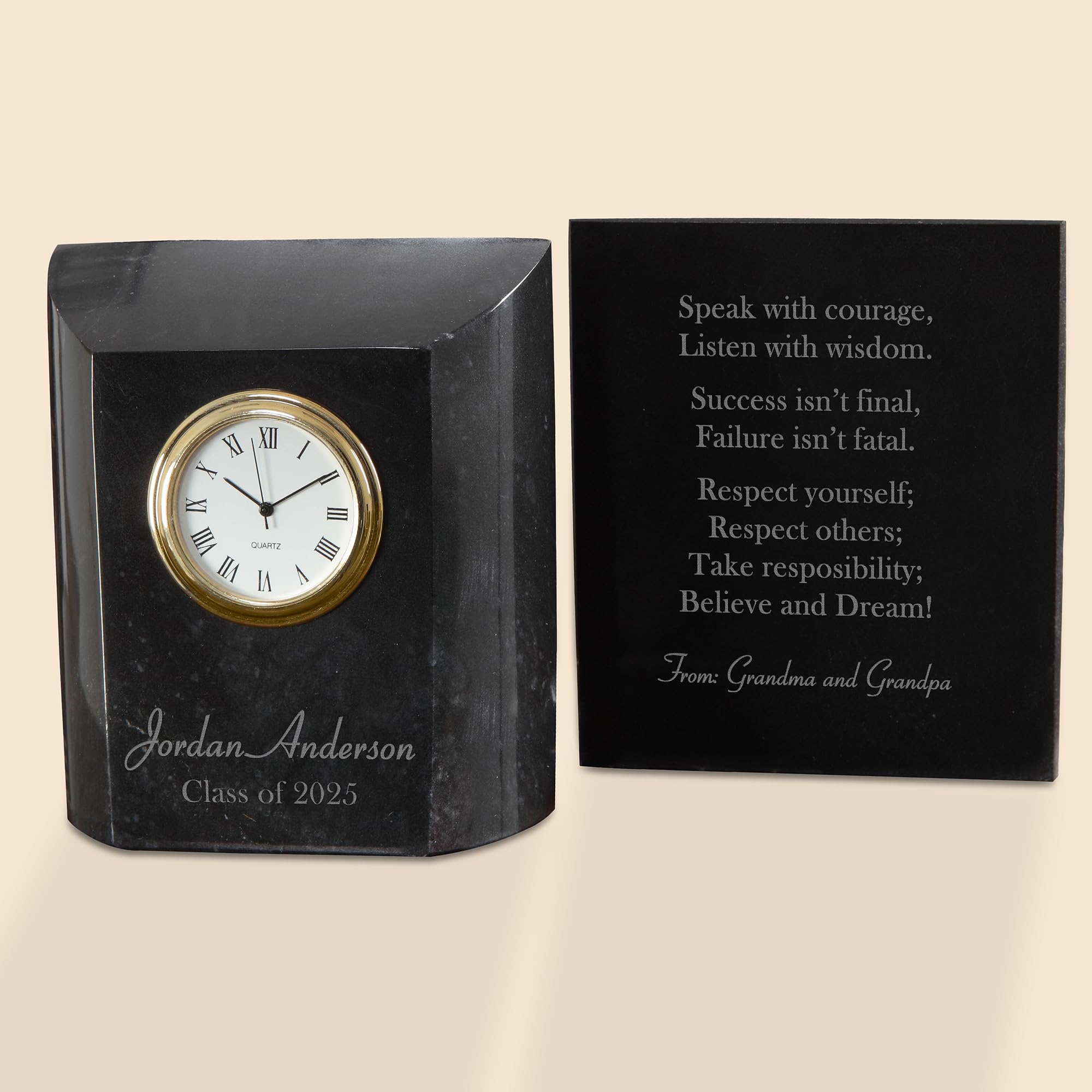 Personalization Universe Secrets of Success Graduation Plaque - Engraved Marble Desk Clock for Him/Her - 3x1.25x3.5 Inches - Elegant 2025 Graduation Gift, Personalized Name & Year, Quartz Movement