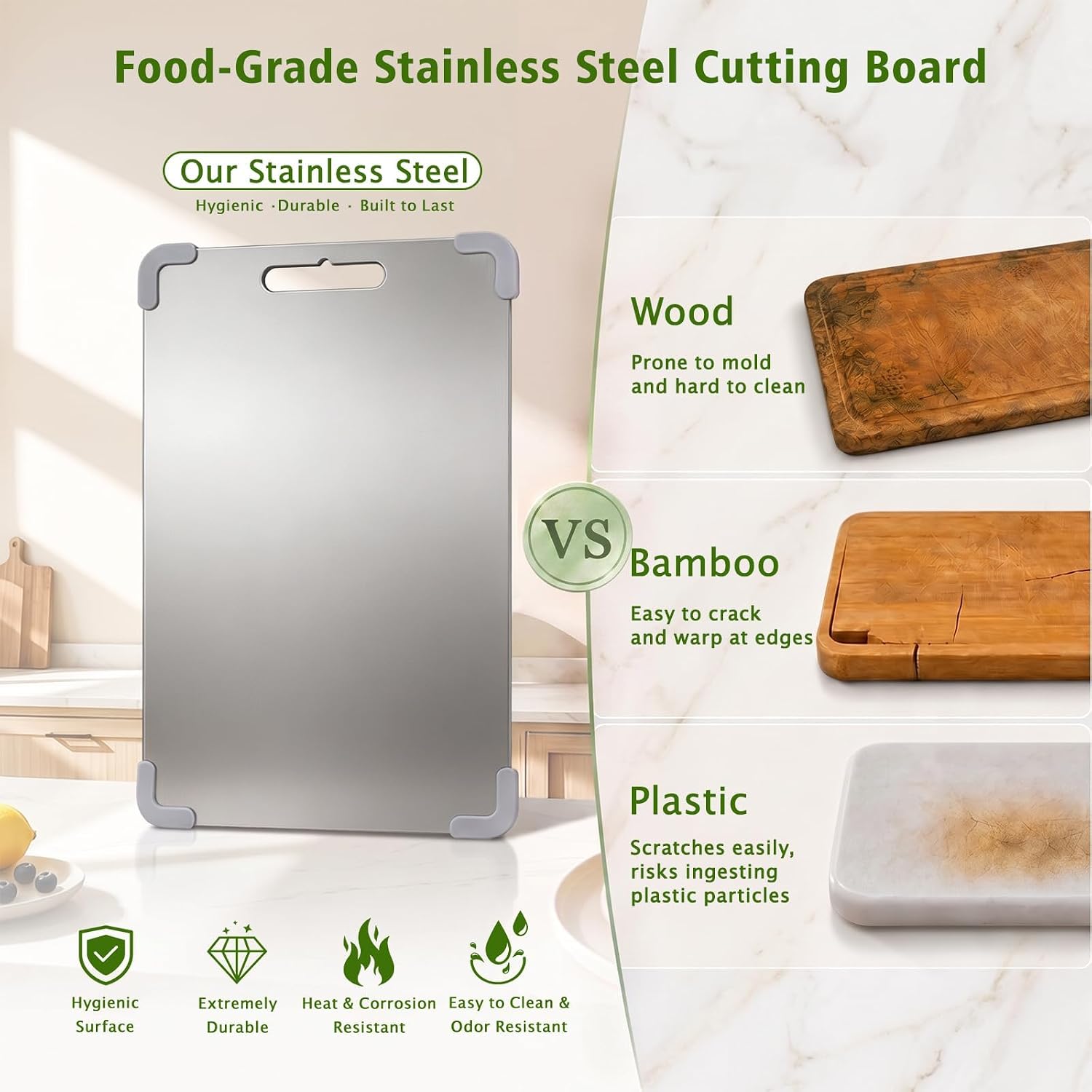 Stainless Steel Cutting Boards for Kitchen，3 PCS Non-Toxic Metal Double Sided Counter Chopping Board Set, Multiple Sizes Dishwasher Safe for Food Prep(L+M+S)