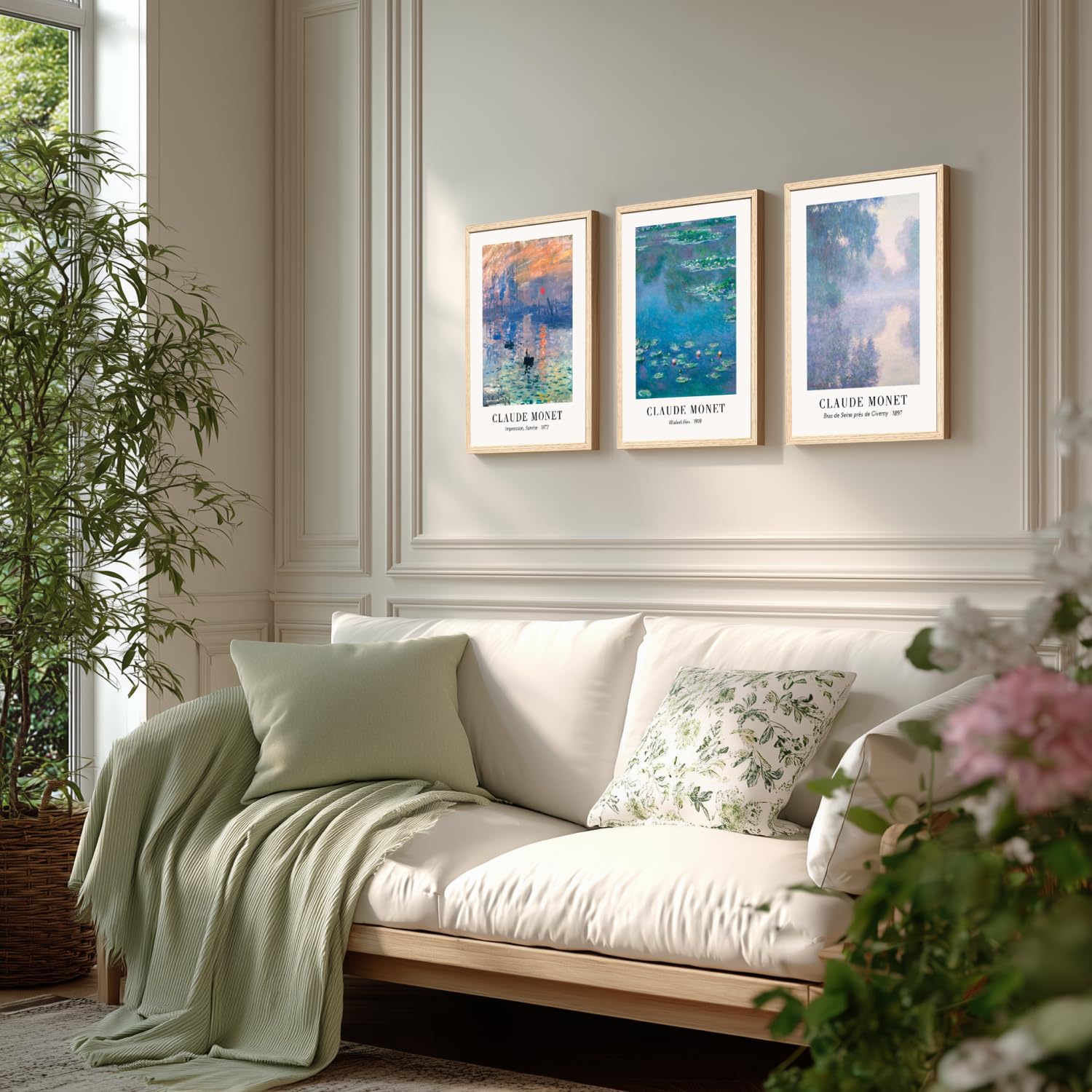 Cyebmo Vintage Botanical Wall Art Set of 3, Claude Monet Water Lilies Art Prints, Impression Sunrise Water Lilies Seine River Poster Prints for Living Room Bedroom Bathroom Wood Framed 12"x16"x3