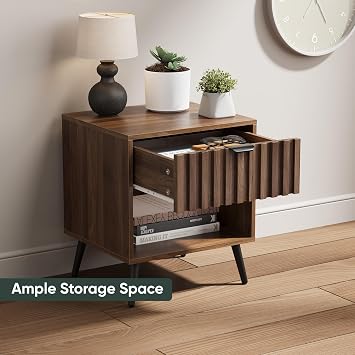Nightstands, Walnut Fluted Night Stand, Mid Century Modern Nightstand, Bedside Table with Seamless Slatted Drawer, End Tables Bedroom with Metal Legs, Night Stand for Bedroom